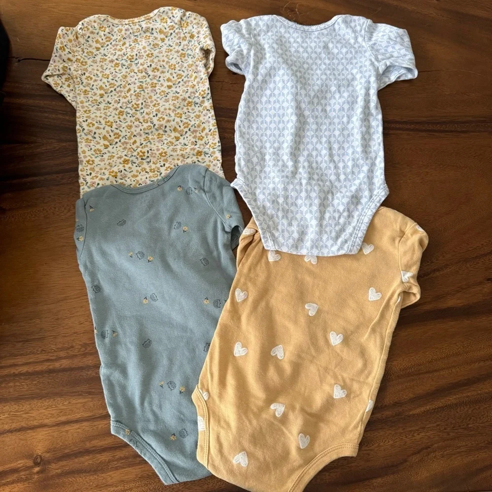 Carter's Set of 4 Long Sleeve Floral Heart Blue Yellow Bodysuits 18M